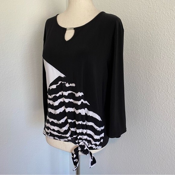 Black White Color Block Wave Pattern Key Hole Cut Out Tie Front Blouse Size PL - Picture 5 of 12